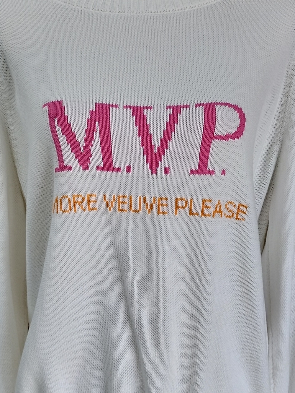 White 'M.V.P.' Graphic Sweater with Pink and Orange Accents
